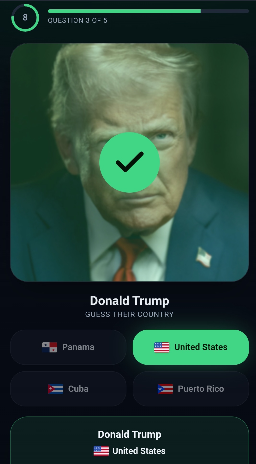 Correct-answer screen showing Donald Trump identified as United States