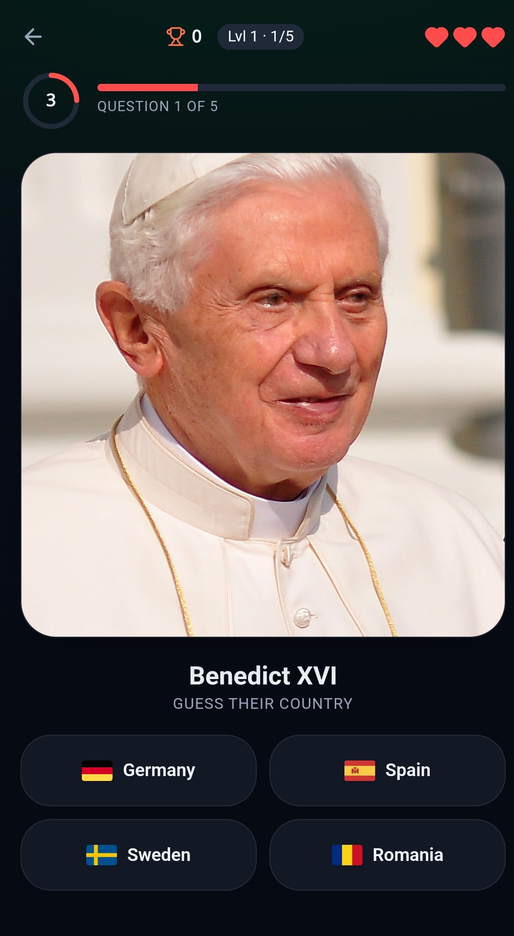 Live gameplay: photo of Benedict XVI with four country choices — Germany, Spain, Sweden, Romania