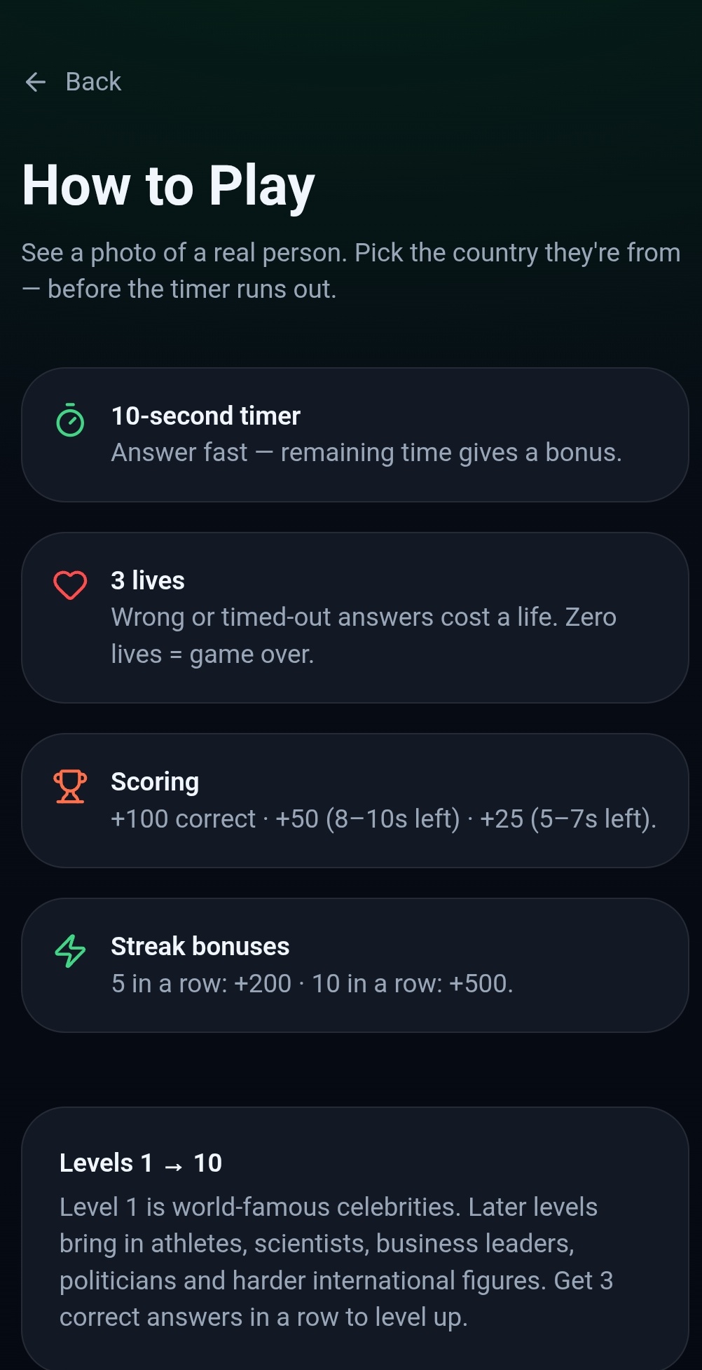 How to Play screen showing 10-second timer, 3 lives, scoring rules and streak bonuses